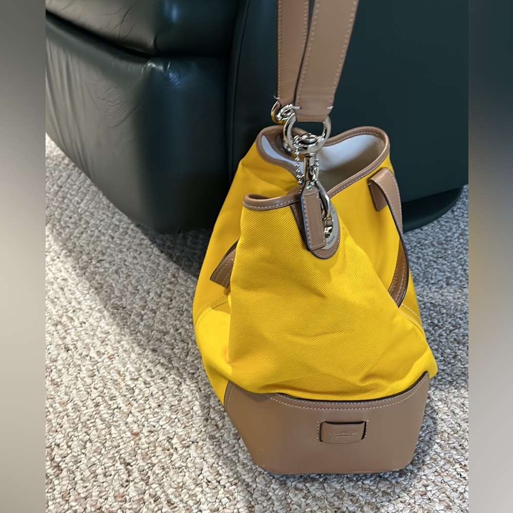 Coach bag•yellow fabric•leather trim and strap•chrome hardware